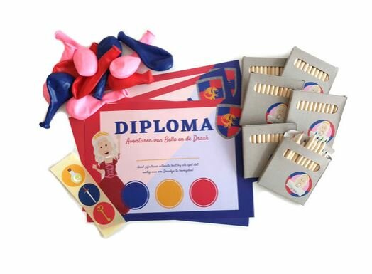 Diploma, potlodensetje, ballonnen Bella en de Draak prinsessenfeestje themaverhuurkist voor thuis.