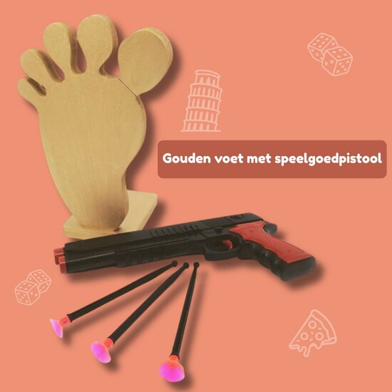 Gouden voet met speelgoed pistool + 3 pijlen