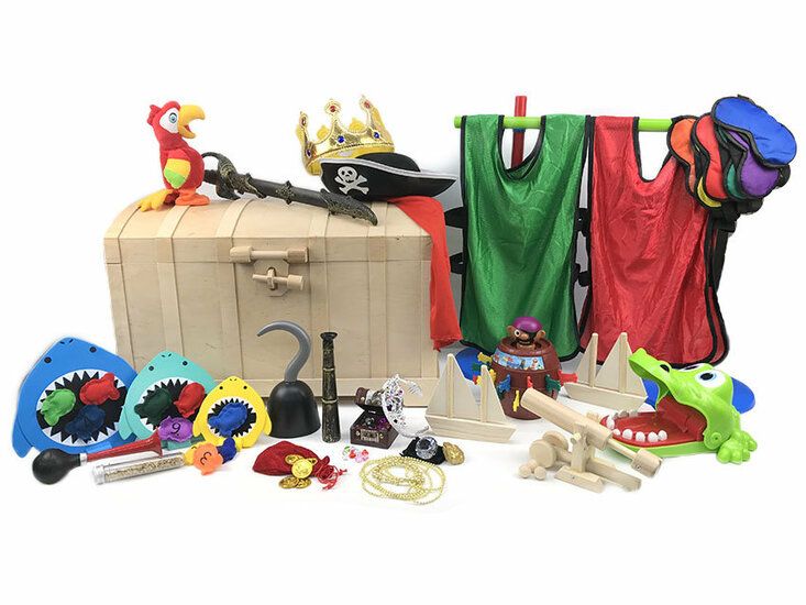 THemakist verhuurdoos vol spellen en verkleedkleding. Piratenfeestje voor thuis. 