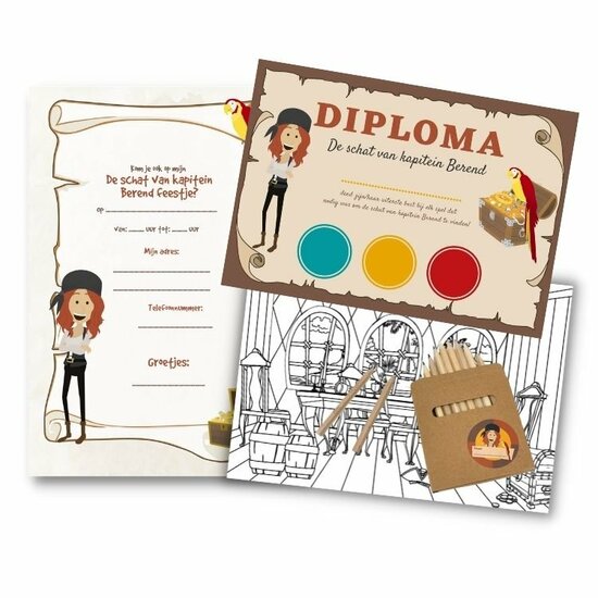 Uitnodigingen, diploma's, tekensetje piratenfeestje