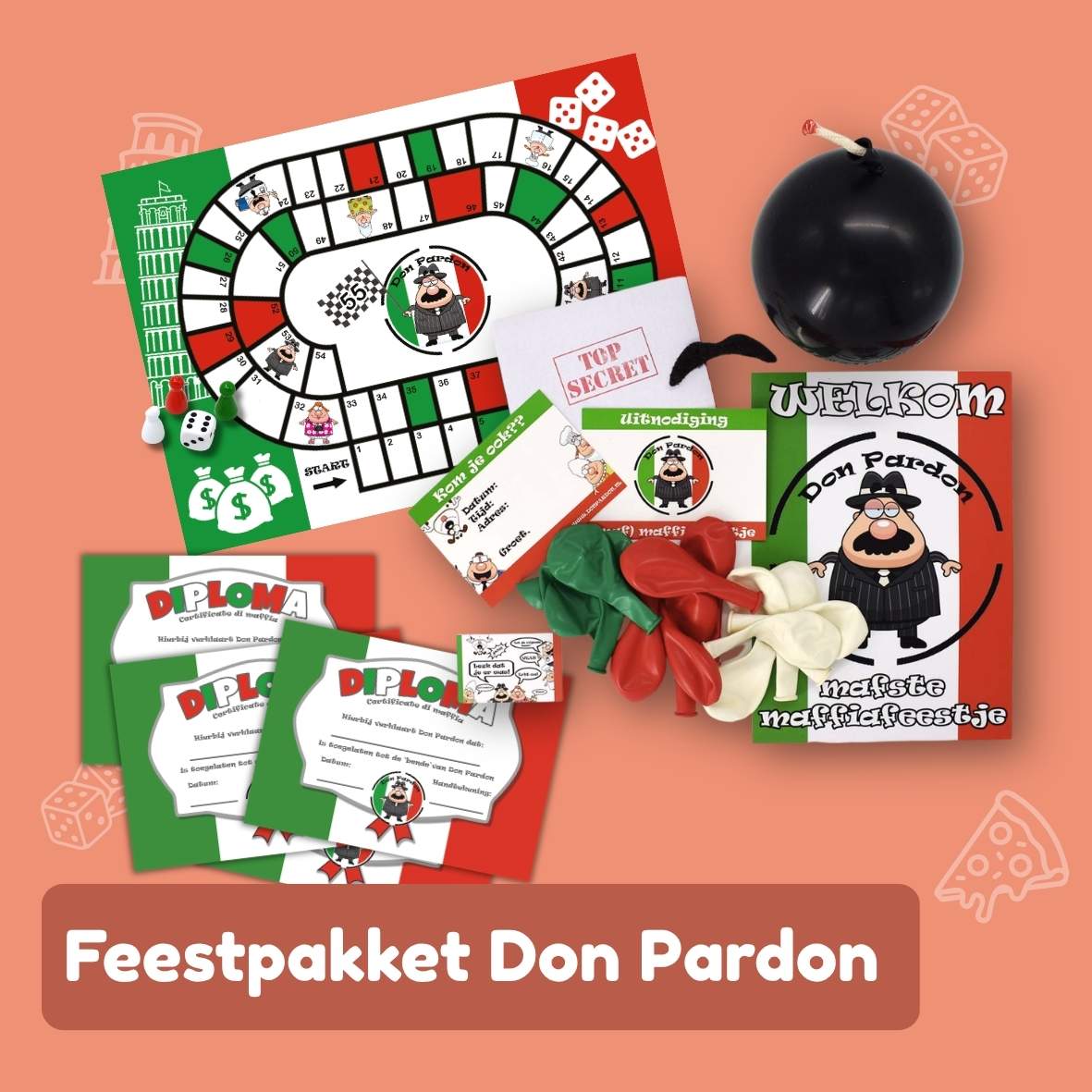 Don Pardon feestpakket incl. uitnodigingen, diploma's en bordspel